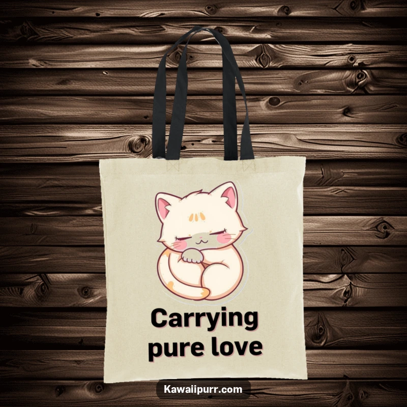 Funny tote bag showcasing a content purring cat in a heart shape, eyes closed, perfect for carrying cat-themed joy.
