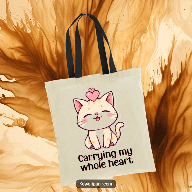 Funny cat tote bag featuring a purring feline with a floating heart, perfect for carrying groceries or daily items.