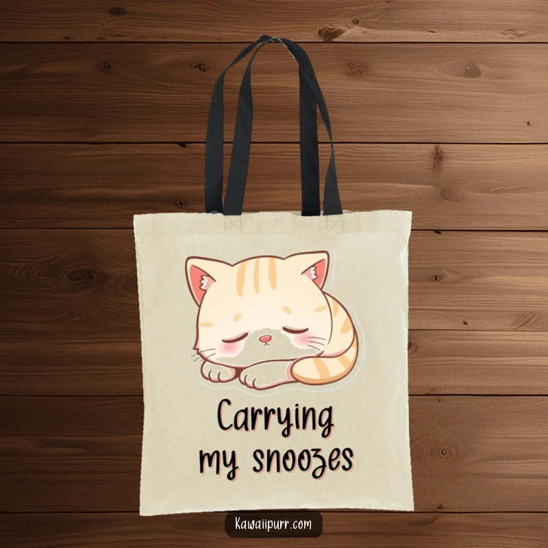 Funny tote bag with a cartoon cat character peacefully napping, showing a small, serene smile of pure contentment.