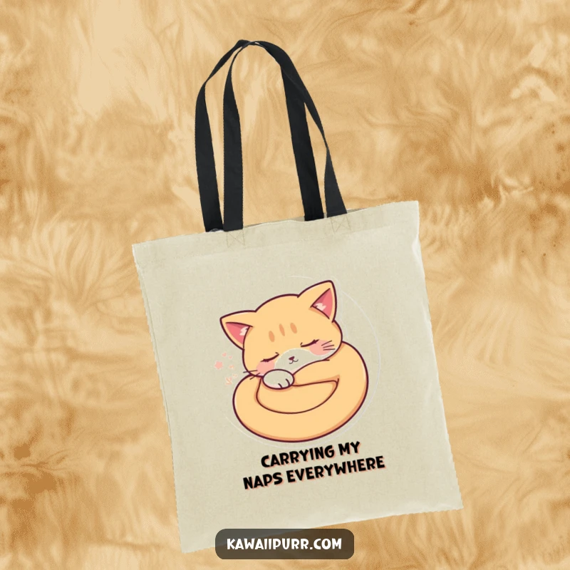 Funny sleepy cat character in a tight curl with purr vibrations on a durable tote bag. A funny gift.