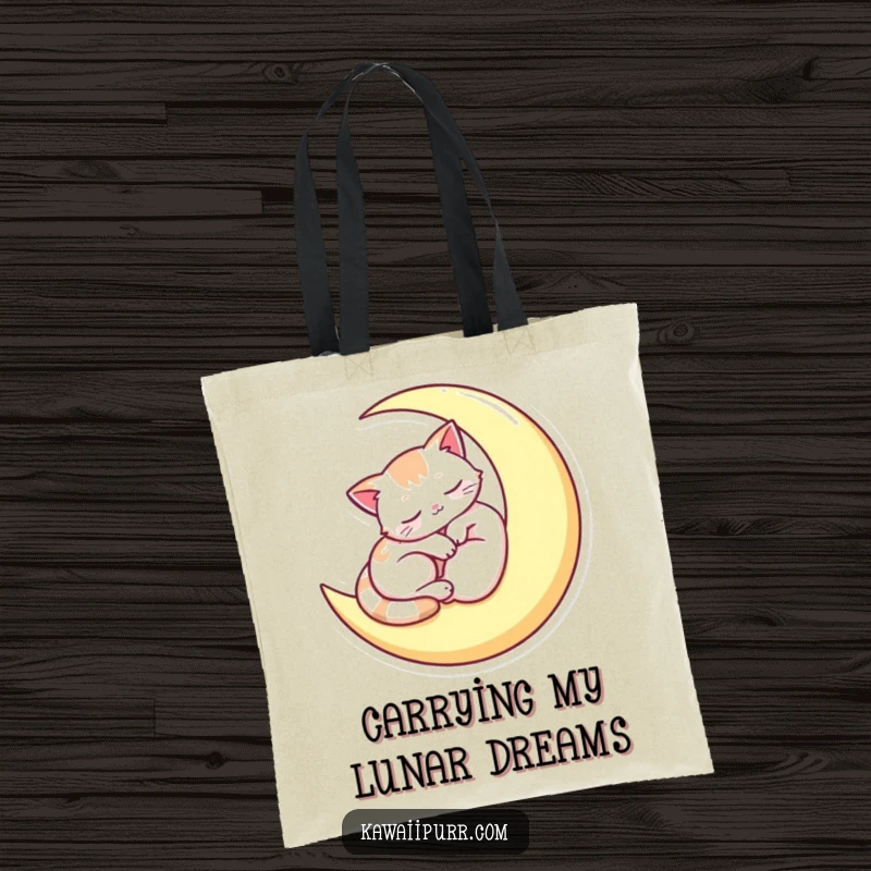 Funny tote bag showcasing a sleepy cat curled on a crescent moon, ideal for carrying daily items with a dose of calm and cuteness.