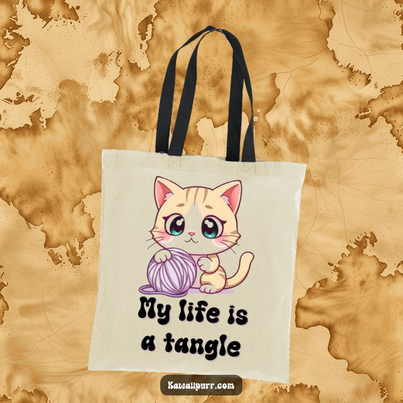 Funny tote bag with a cartoon cat character displaying comically shocked, wide eyes, reacting to a playful yarn ball.