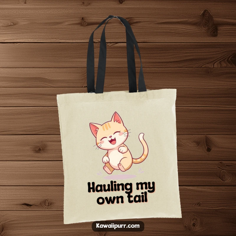 Funny cat tote bag showing a character in a joyful, blurred circle chasing its own tail with abandon.