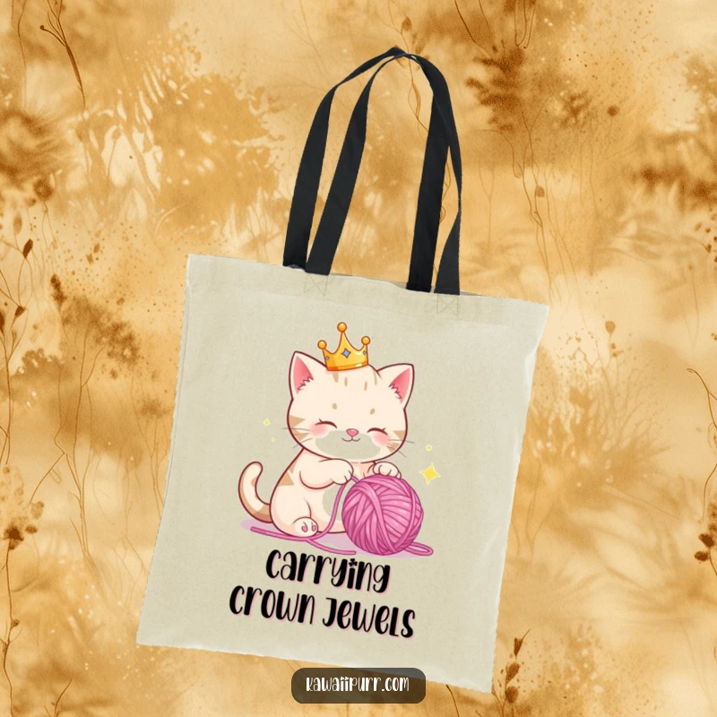 Funny Tote Bag: A regal cat crowned like royalty, joyfully batting at a glittering ball of yarn, perfect for errands.